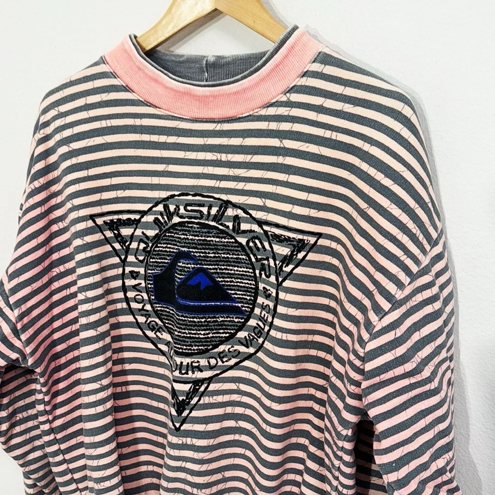QUIKSILVER Vintage Pink Sweatshirt Gray Stripe Oversized Size Medium - Picture 2 of 6